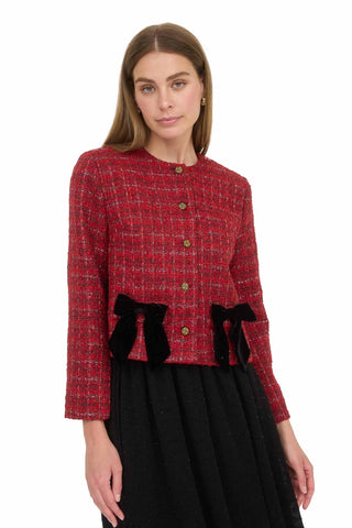 Moon River  red plaid tweed cropped jacket with black velvet bow accents at waist, gold buttons, and collarless design