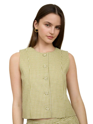 Plaid Button Down Round Neck Sleeveless Top - Olive Tops Moon River Monkee's of The Woodlands