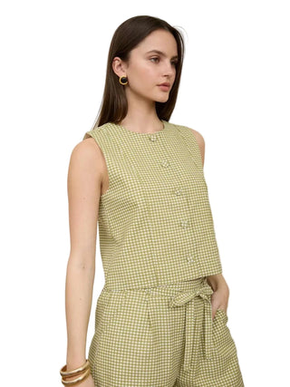 Plaid Button Down Round Neck Sleeveless Top - Olive Tops Moon River Monkee's of The Woodlands