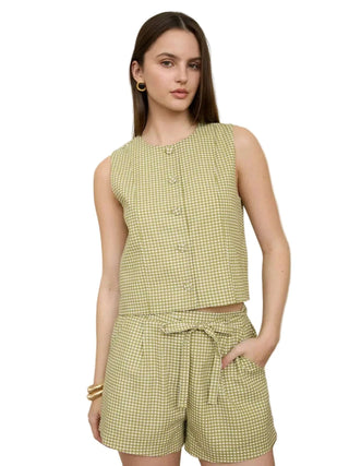 Plaid Button Down Round Neck Sleeveless Top - Olive Tops Moon River Monkee's of The Woodlands