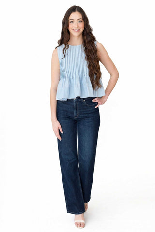 Sleeveless Light Blue Peplum Poplin Top with Vertical Pleats