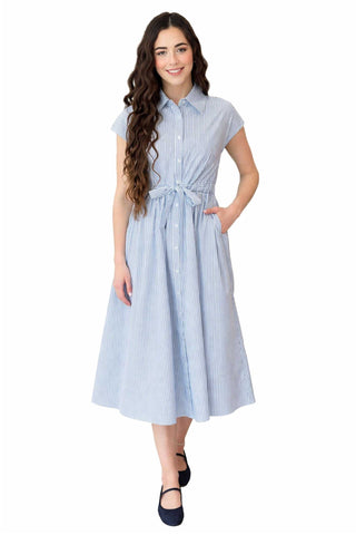 Light Blue Striped Shirt Dress with Button Front and Tie Waist