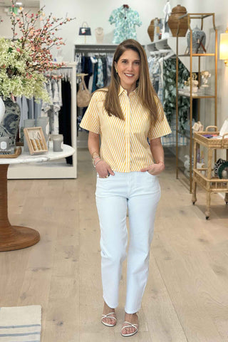 Poplin Stripe Short High Low Top - Yellow/White Tops Dolce Cabo Monkee's of The Woodlands