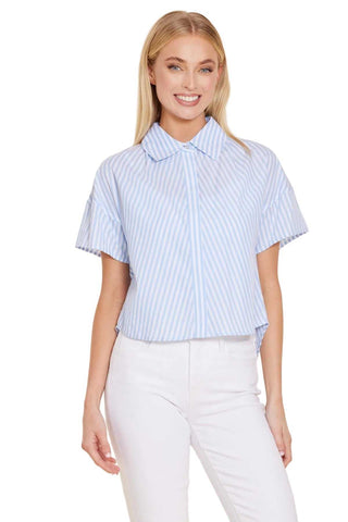 Poplin Stripe Short High Low Top - Blue/White Tops Dolce Cabo Monkee's of The Woodlands