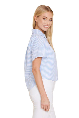 Poplin Stripe Short High Low Top - Blue/White Tops Dolce Cabo Monkee's of The Woodlands