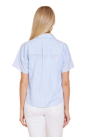 Poplin Stripe Short High Low Top - Blue/White Tops Dolce Cabo Monkee's of The Woodlands
