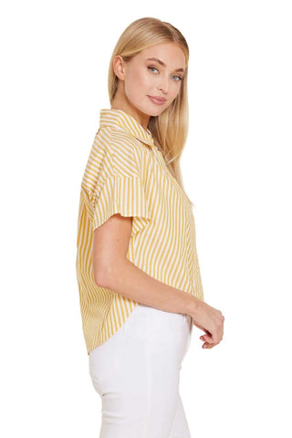 Poplin Stripe Short High Low Top - Yellow/White Tops Dolce Cabo Monkee's of The Woodlands