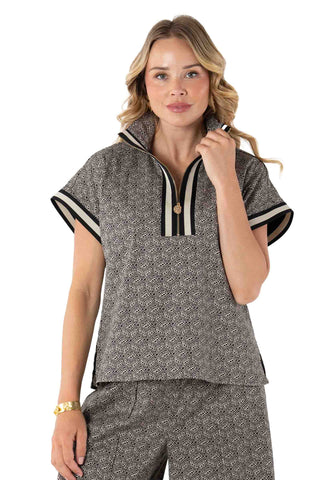 Emily McCarthy Poppy Pullover in Black Tonal Monogram. black and white geometric print pullover hoodie with half-zip closure, short sleeves