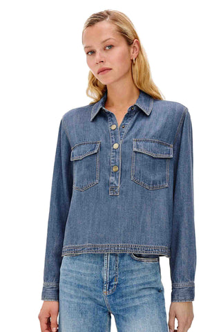 Rails Ports Top in Antique Blue. medium wash denim long sleeve crop shirt with collar, chest pockets, and button front closure