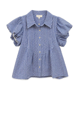 Puff Sleeve Top - Blue Gingham Tops entro Monkee's of The Woodlands