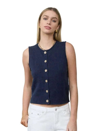 Raw Edge Button Down Knit Cardigan Vest Top - Navy Vests Moon River Monkee's of The Woodlands
