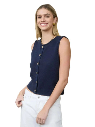 Raw Edge Button Down Knit Cardigan Vest Top - Navy Vests Moon River Monkee's of The Woodlands