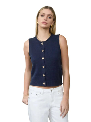 Raw Edge Button Down Knit Cardigan Vest Top - Navy Vests Moon River Monkee's of The Woodlands