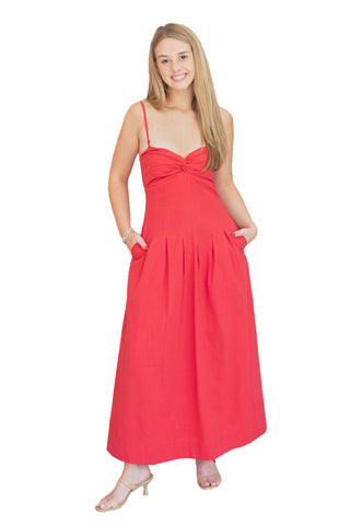 Lost + Wander Red Linen Maxi Dress with Twist Sweetheart Neckline