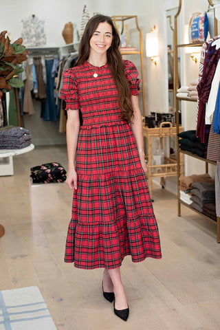 Red Plaid Puff Sleeve Smocked Midi Dress - Red Tartan
