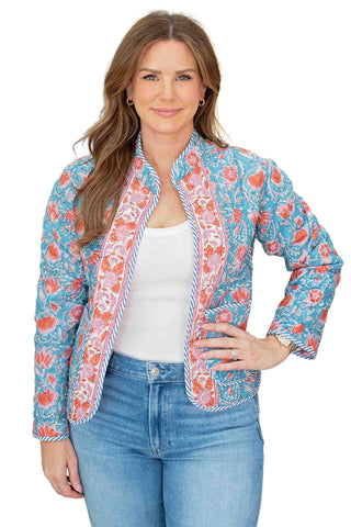Salrosa reversible Kiana jacket in turquoise floral print with coral pink blooms, stripe trim details and open-front styling for versatile layering
