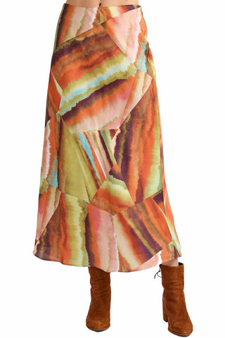 S'edge Rhodes Skirt in Agate Print. Colorful midi skirt with agate-inspired watercolor print in orange, green, and pink tones 