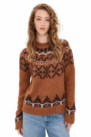 Moon River Rory Isle Hairy Pullover Sweater. Brown fair isle pullover sweater with geometric Nordic pattern in black and cream, crew neck, and soft fuzzy knit