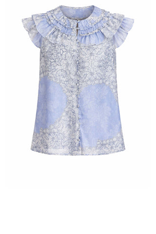 Blue and White Floral Top With Ruffle Sleeves and Collar. Ciebon Rothy Ruffle Button Down Top - Blue Multi