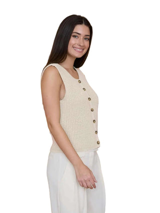 Round Neck Sleeveless Knit Button Down Cardigan - Cream Tops Moon River Monkee's of The Woodlands