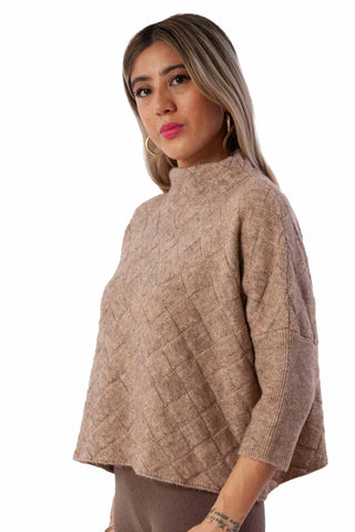 Kerisma Rowena Sweater in Woodsmoke. Taupe cable-knit turtleneck sweater with diamond pattern and relaxed fit