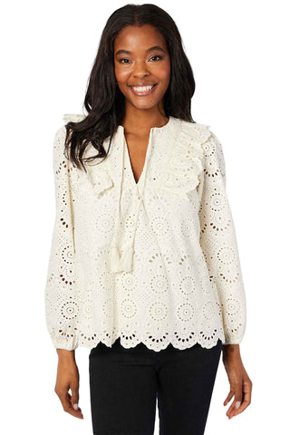 Sail to Sable ivory eyelet ruffle front top featuring intricate cutwork, tassel tie details and long sleeves for fall transitional fashion
