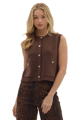 Chocolate brown sleeveless sweater vest with gold buttons and front pockets