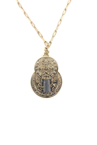 Gold necklace featuring two layered Saint Benedict medallions with Latin inscriptions on substantial paperclip chain