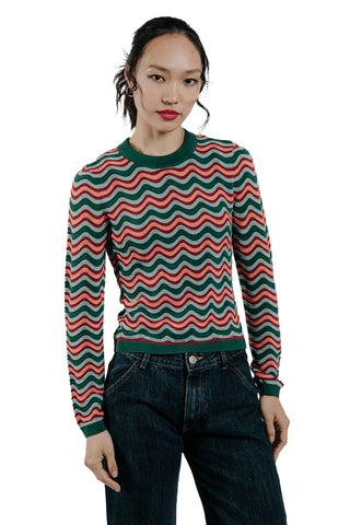 Love the Lavel Sarafina Knit Tee in Green Multi. Green, coral, and aqua wave stripe knit sweater with crew neck and slim fit
