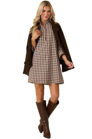 Savoy Shift Dress - Chocolate Check Dresses Prosperina Monkee's of The Woodlands