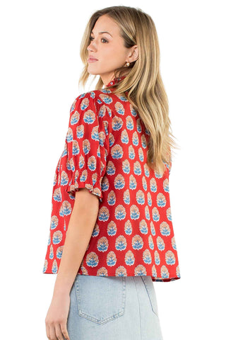Short Sleeve Button-Up Print Top - Red