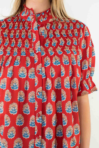 Short Sleeve Button-Up Print Top - Red