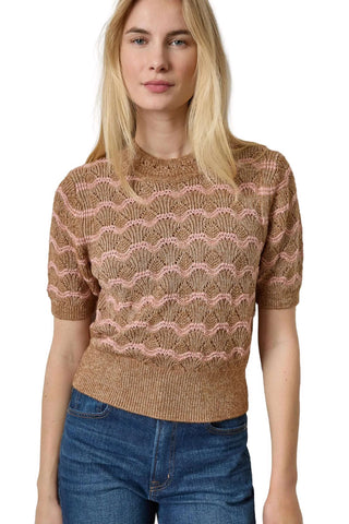 Short Sleeve Multistitch Pullover Sweater - Hazelnut Stripe Sweaters Lilla P Monkee's of The Woodlands