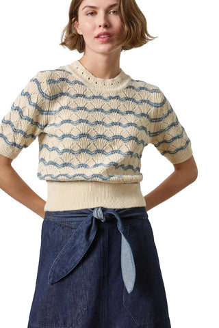 Short Sleeve Multistitch Pullover Sweater - Winter White Stripe Sweaters Lilla P Monkee's of The Woodlands