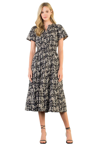 THML Short Sleeve Print Midi Dress in black and cream. black midi dress with cream abstract feather print, featuring short sleeves, V-neckline, cinched waist with tie detail, and A-line skirt
