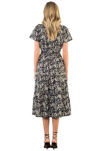 Short Sleeve Print Midi Dress - Black