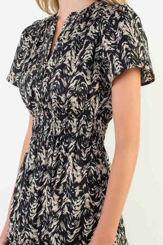 Short Sleeve Print Midi Dress - Black