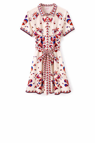 Cream Base Patterned dress with Pink, Red and Blue pattern with self-tie waist belt