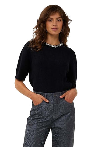 Esqualo Sweater Fancy Neck in Black. Black Sweater with Embellished Neckline