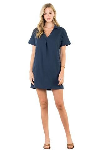 THML Short Sleeve V-neck Dress in navy blue short sleeve mini dress with V-neckline and polo-inspired collar. 