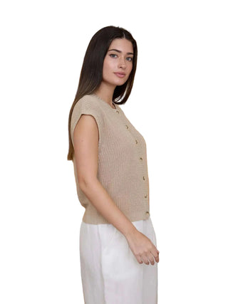 Short Sleeve Button Down Knit Cardigan Vest - Light Khaki Vests Moon River Monkee's of The Woodlands