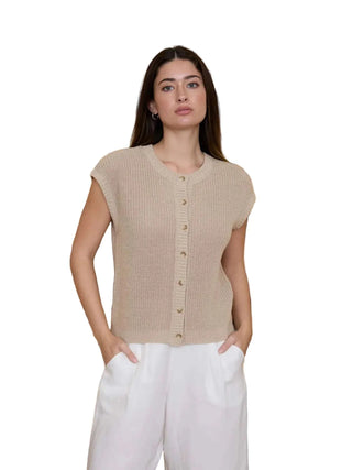 Short Sleeve Button Down Knit Cardigan Vest - Light Khaki Vests Moon River Monkee's of The Woodlands
