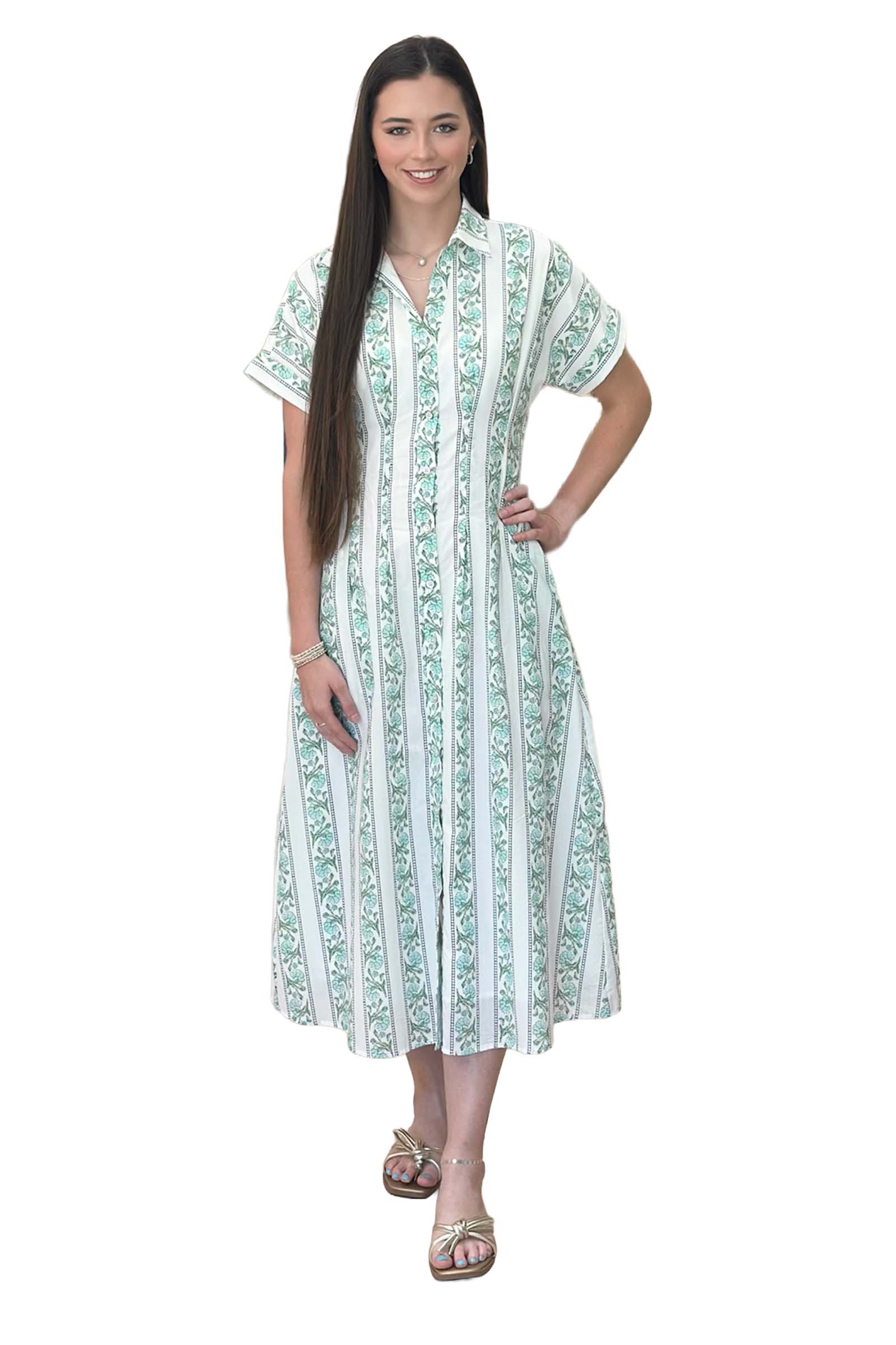 THML - Short Sleeve Button Down Dress - Green Floral Green Floral / S THML - Short Sleeve Button Down Dress - Green Floral Green Floral / S