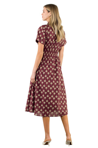 Short Sleeve Print Midi Dress - Maroon