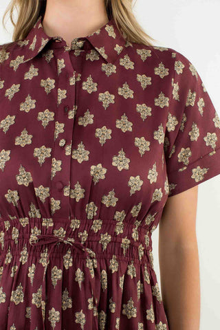 Short Sleeve Print Midi Dress - Maroon