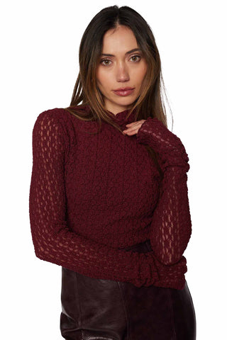 Lost + Wander Sistine Tale Top - Merlot. Long Sleeve Lace Top in Dark Red Merlot