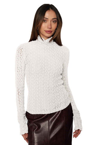 Lost + Wander Sistine Tale top in cream featuring textured open-knit construction, turtleneck collar and fitted long sleeve silhouette
