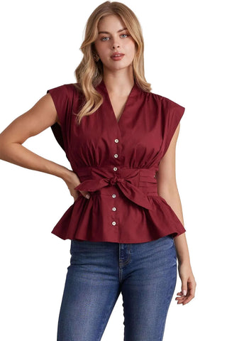 Sleeveless Button Down Top - Burgundy Tops entro Monkee's of The Woodlands