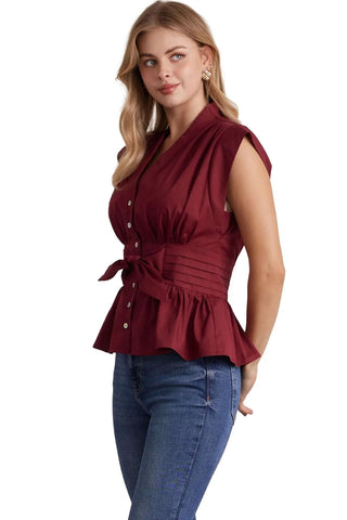 Sleeveless Button Down Top - Burgundy Tops entro Monkee's of The Woodlands
