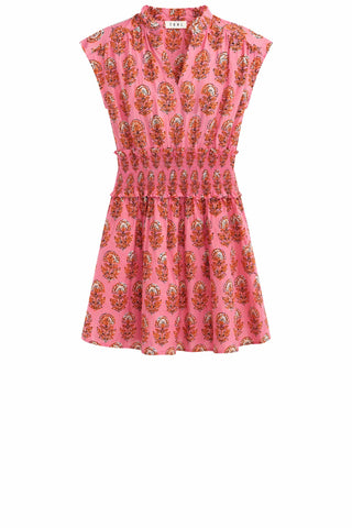 Pink Dress with Orange Block Print Design. Smocked Waist, Split Neck, and Cap Sleeves
